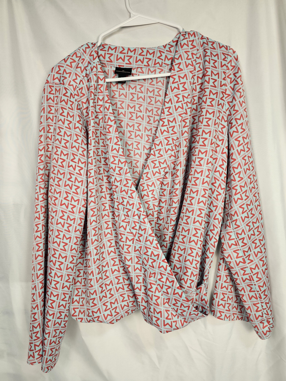 Worthington Aqua Top with Red Geometric Print